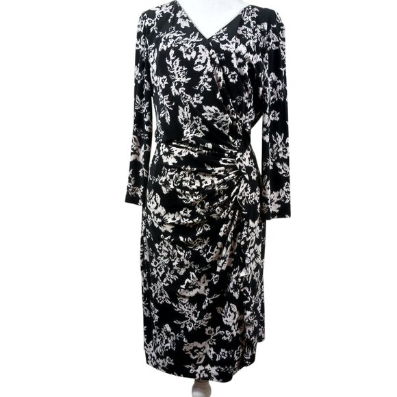 Chaps, Black & White Print Dress, Size XL, Flattering Ruching Detail, Stretch - Picture 3 of 12